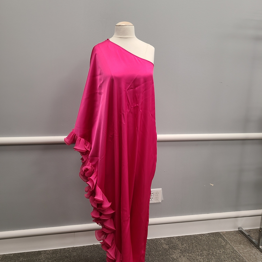 Zara Long Ruffled Pink One Shoulder Flowy Satin Maxi Dress